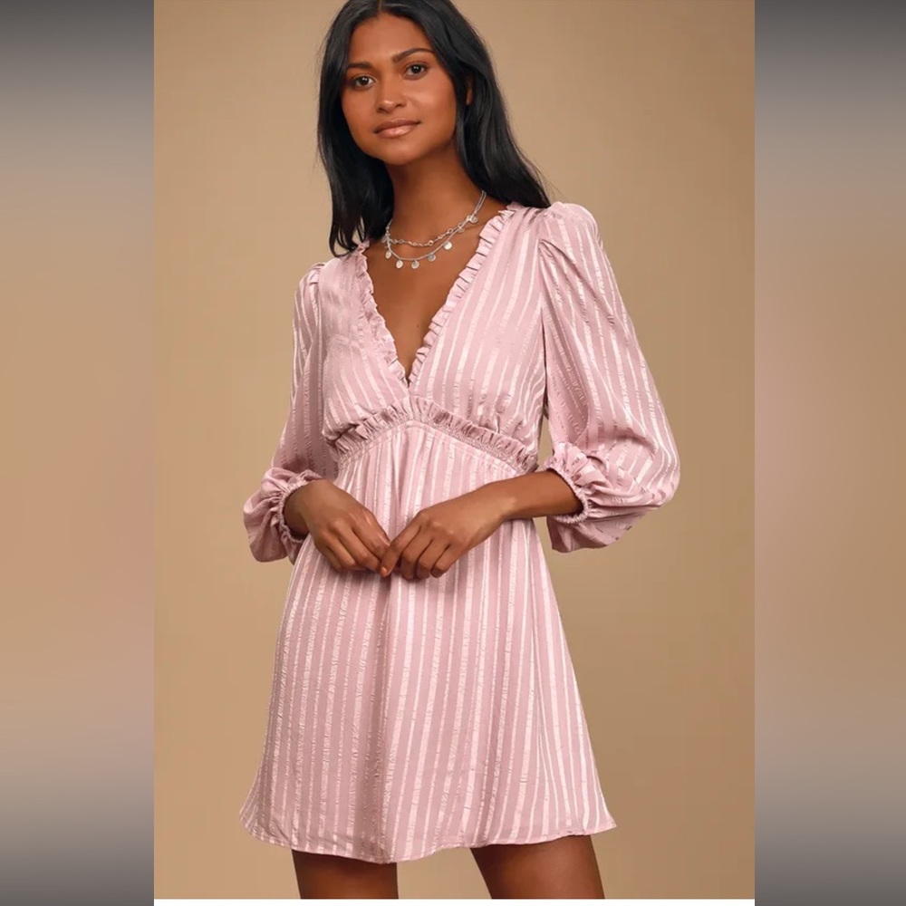Lulus Forever In My Heart Mauve Striped Balloon Sleeve Mini Dress Sz M